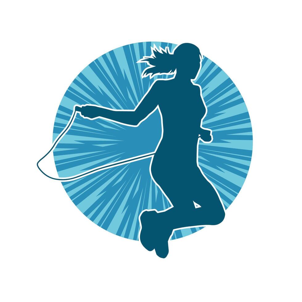 Silhouette of a slim sporty woman doing jump rope workout. vector