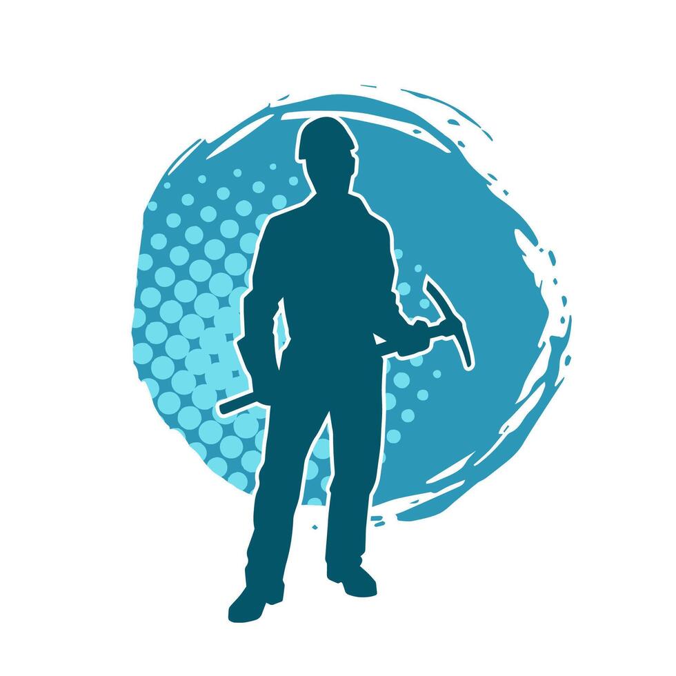 Silhouette of a man in worker costume carrying pick axe tool in action pose. Silhouette of a miner in action pose with pick axe tool. vector