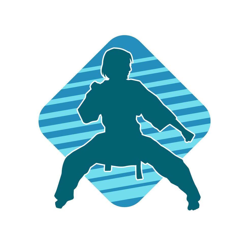 Silhouette of a slim female doing martial art pose. Silhouette of a martial art woman in action pose. vector