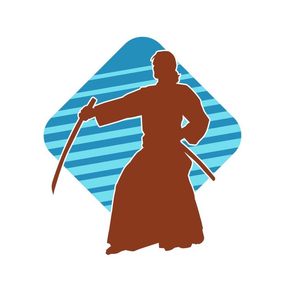 Silhouette of a sword warrior in action pose. Silhouette of a martial art person carrying sword weapon. Silhouette of kendo martial art pose. vector