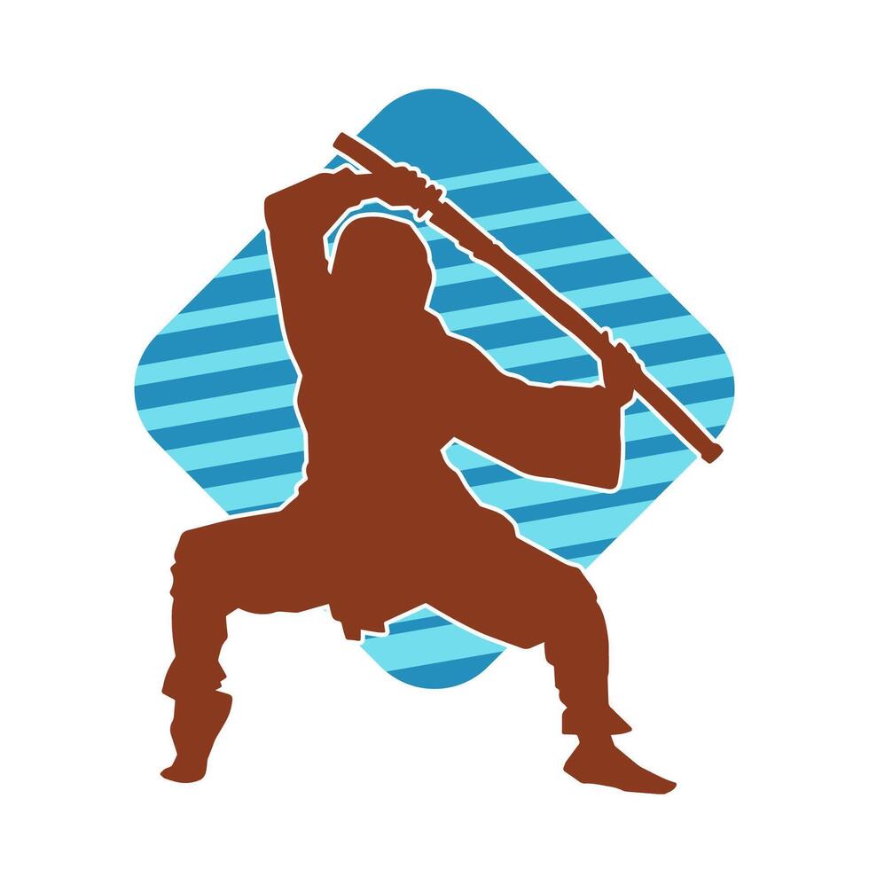 silueta de un masculino combatiente en marcial Arte disfraz que lleva samurai espada arma. vector