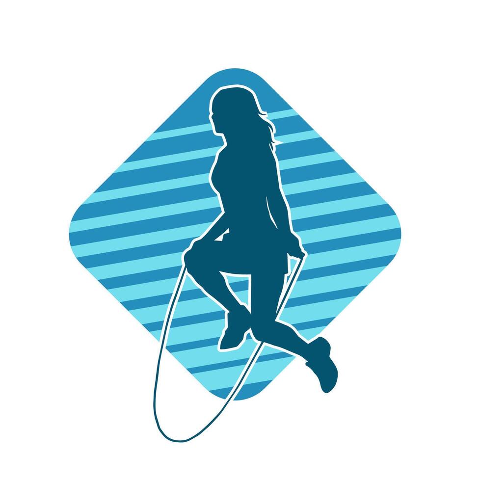 Silhouette of a slim sporty woman doing jump rope workout. vector
