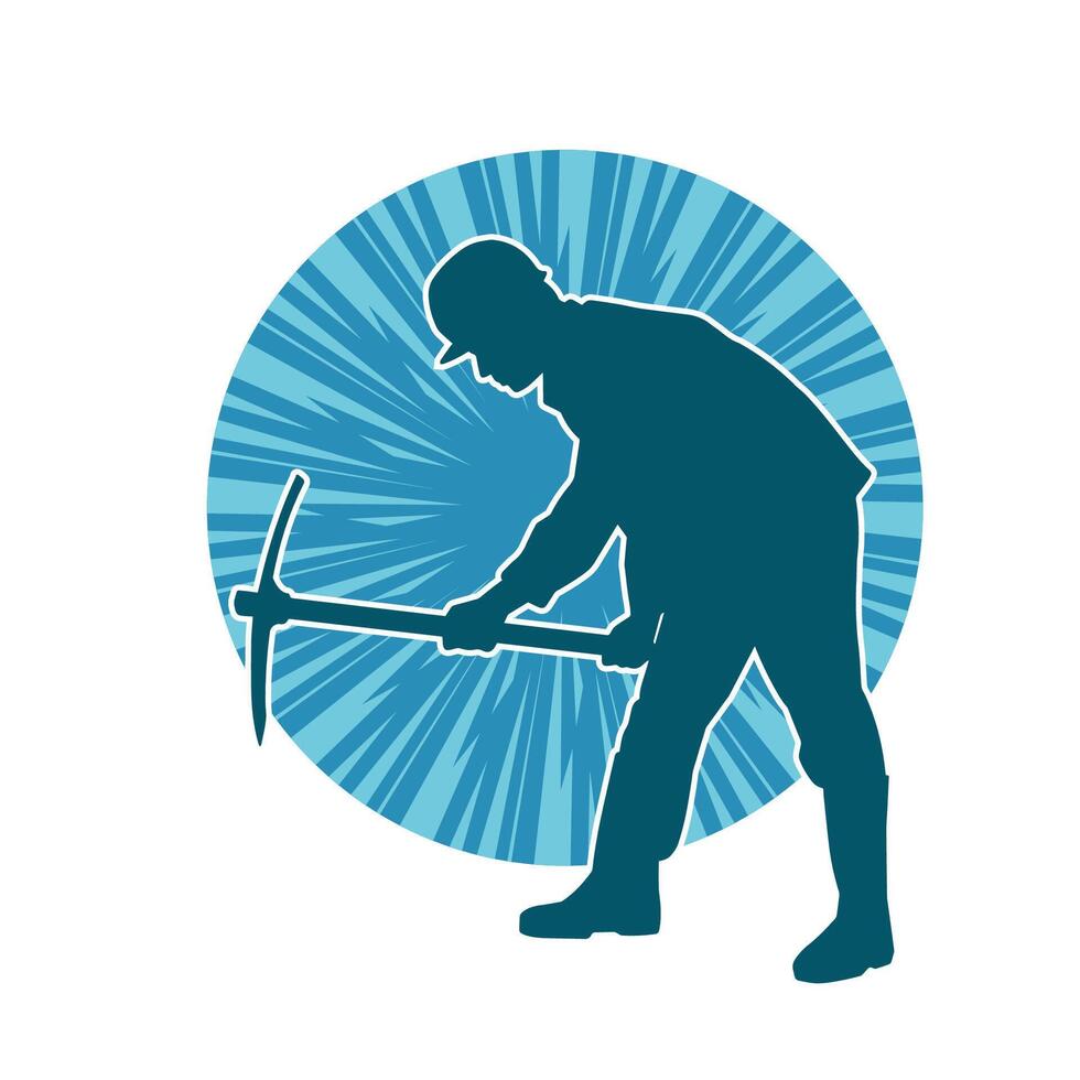 Silhouette of a man in worker costume carrying pick axe tool in action pose. Silhouette of a miner in action pose with pick axe tool. vector