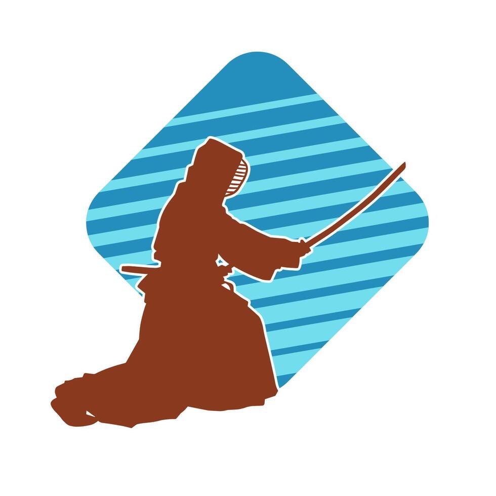 Silhouette of a sword warrior in action pose. Silhouette of a martial art person carrying sword weapon. Silhouette of kendo martial art pose. vector