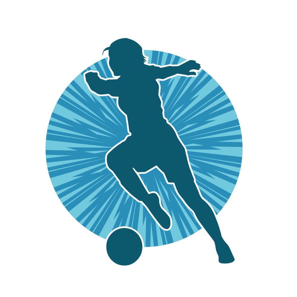 Silhouette of a female soccer player kicking a ball. Silhouette of a football player woman in action pose. vector