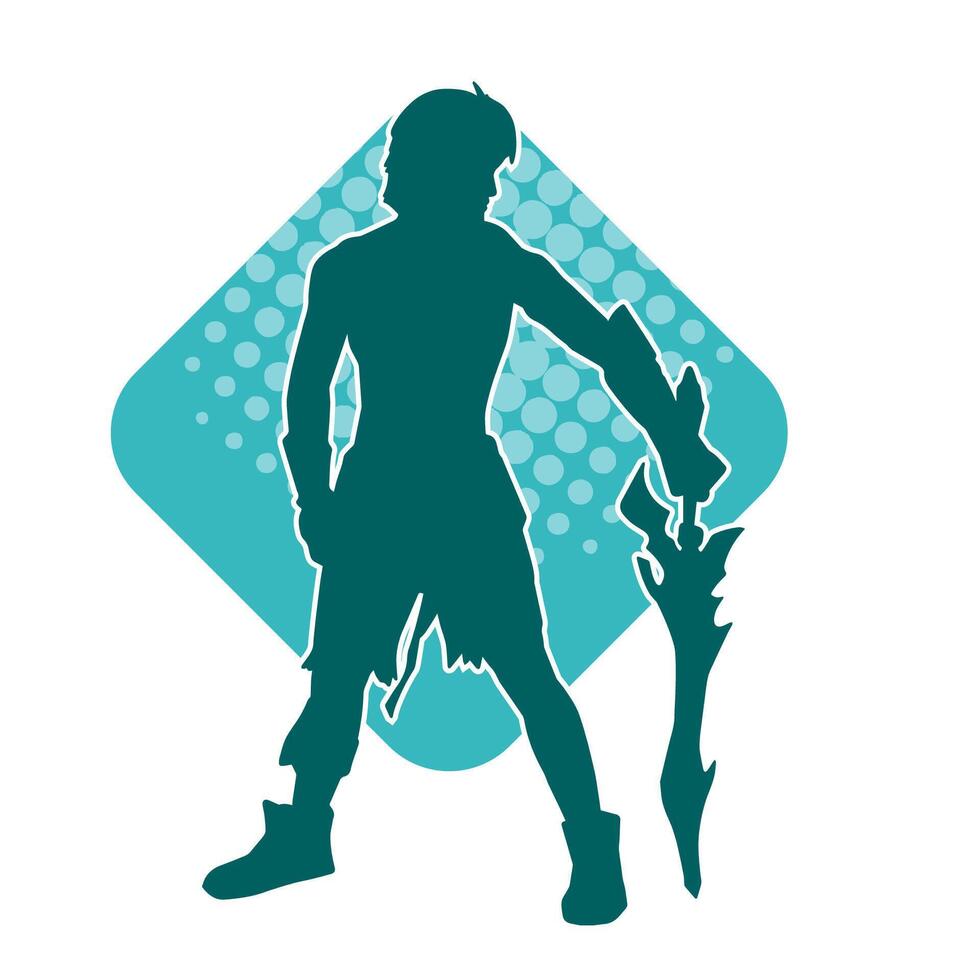 Silhouette of a male warrior in action pose with sword weapon. Silhouette of a man fighter carrying sword weapon. vector