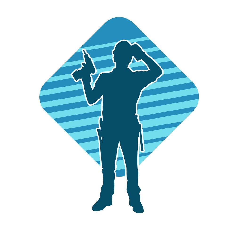 Silhouette of man in construction worker costume carrying drill power tool. Silhouette of construction worker male in action pose with power tool driller. vector