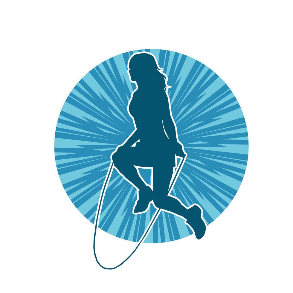 Silhouette of a slim sporty woman doing jump rope workout. vector