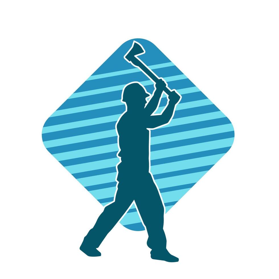 Silhouette of a worker in action pose using his axe tool. vector