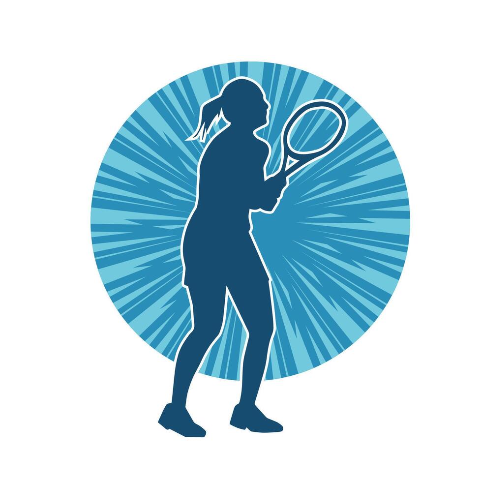 Silhouette of a female tennis player in action pose. Silhouette of a woman playing tennis sport with racket. vector