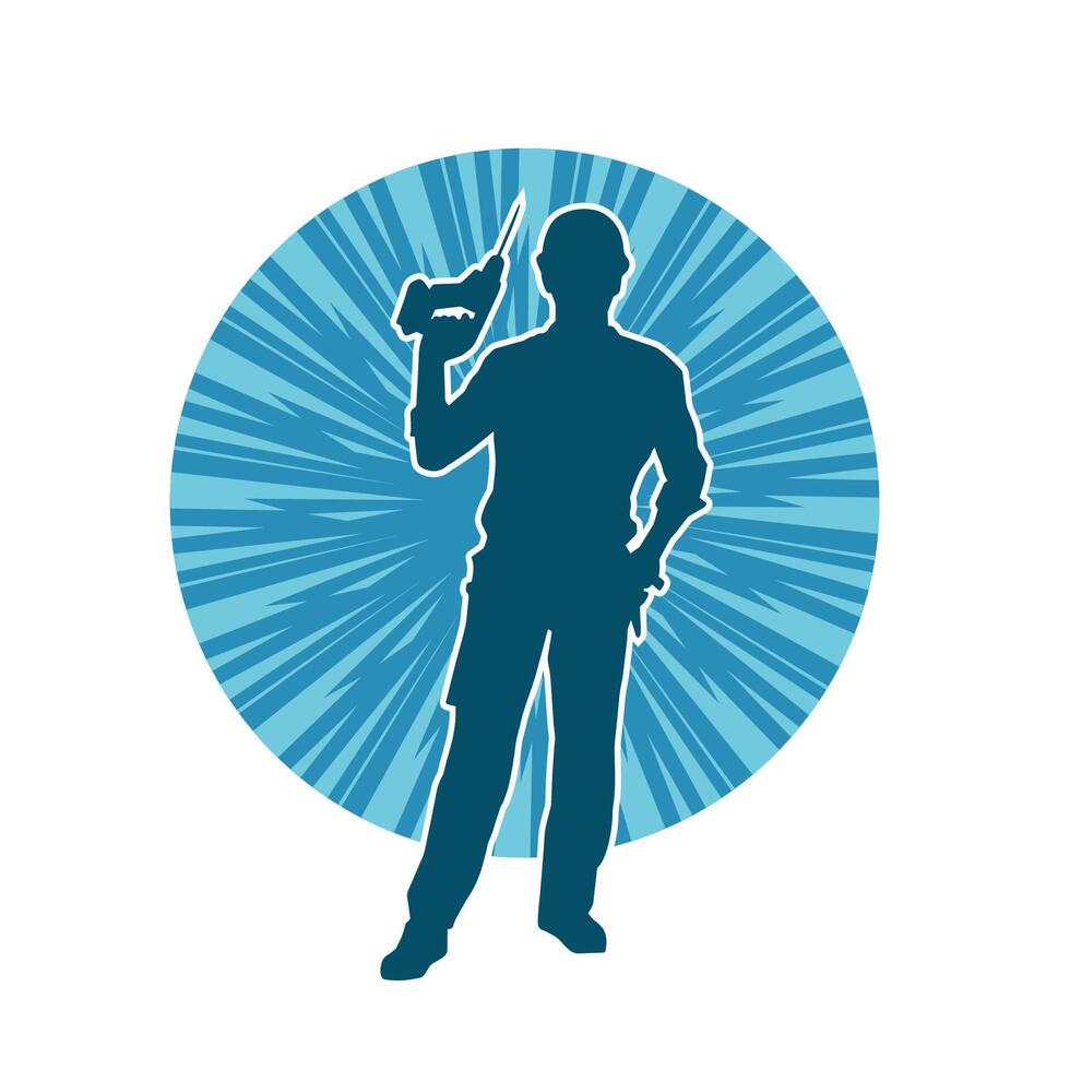 Silhouette of man in construction worker costume carrying drill power tool. Silhouette of construction worker male in action pose with power tool driller. vector