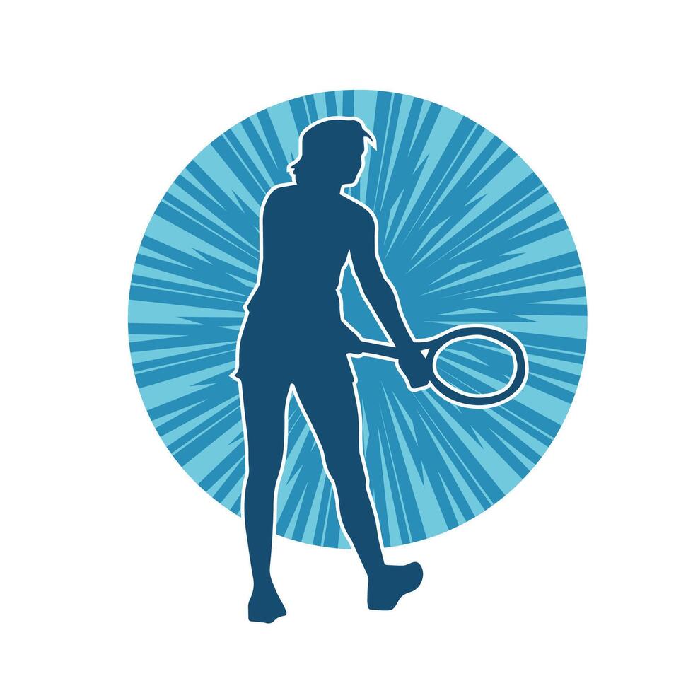 Silhouette of a female tennis player in action pose. Silhouette of a woman playing tennis sport with racket. vector