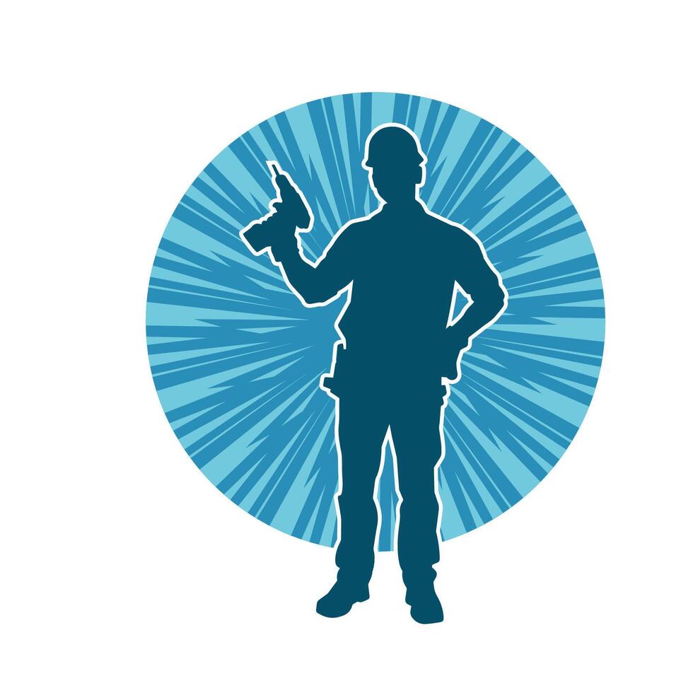 Silhouette of man in construction worker costume carrying drill power tool. Silhouette of construction worker male in action pose with power tool driller. vector