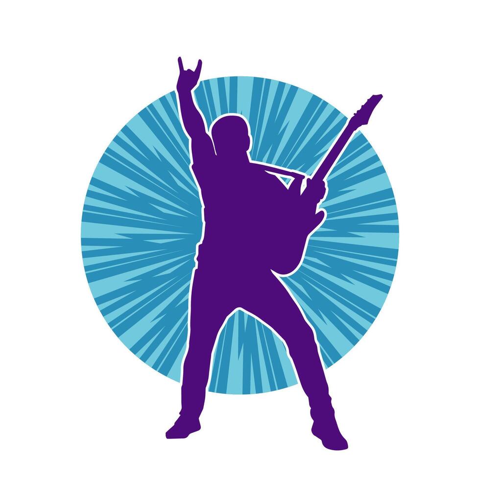 Silhouette of a musician playing electric guitar musical instrument. Silhouette of a male guitar player performing. vector