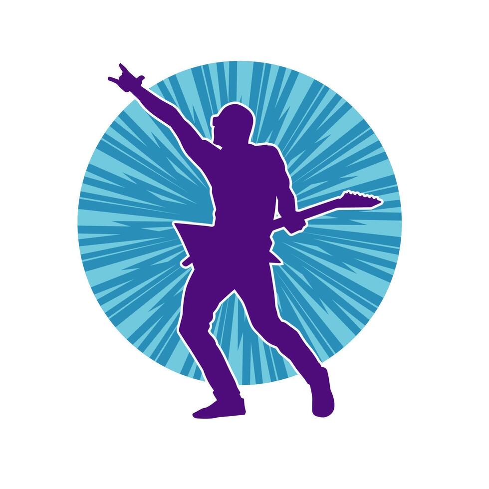 Silhouette of a musician playing electric guitar musical instrument. Silhouette of a male guitar player performing. vector