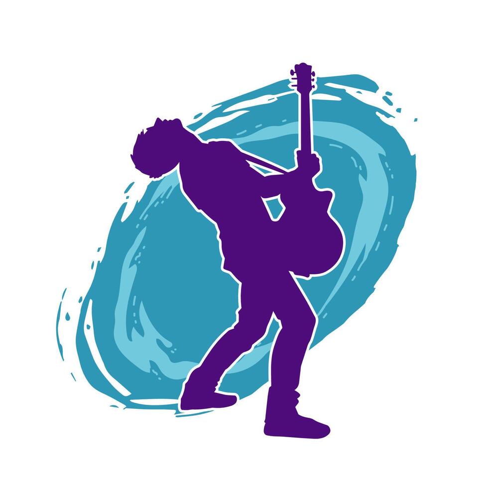 Silhouette of a musician playing electric guitar musical instrument. Silhouette of a male guitar player performing. vector