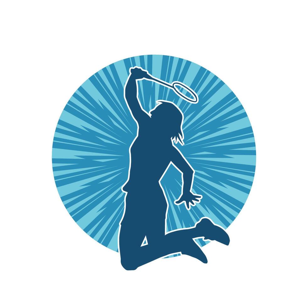 Silhouette of a slim female athlete doing badminton sport. Silhouette of a woman badminton sport player in action pose. vector