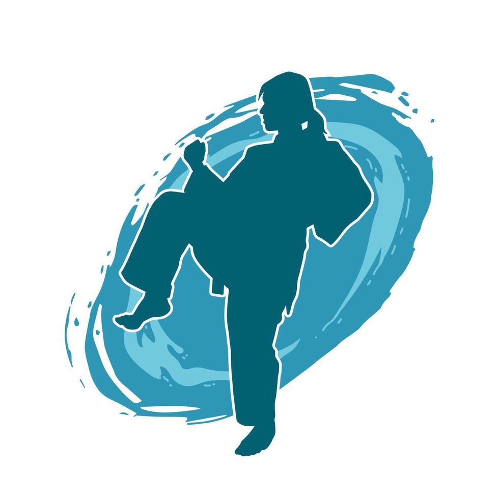 Silhouette of a slim female doing martial art pose. Silhouette of a martial art woman in action pose. vector