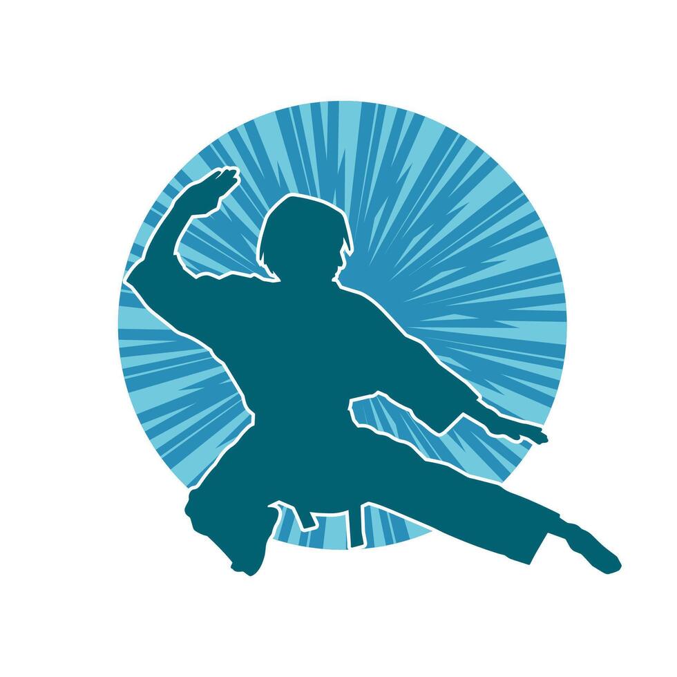 Silhouette of a slim female doing martial art pose. Silhouette of a martial art woman in action pose. vector