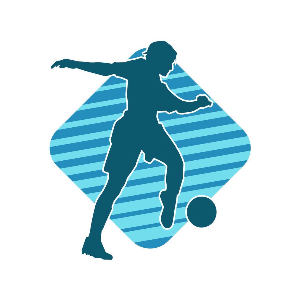 Silhouette of a female soccer player kicking a ball. Silhouette of a football player woman in action pose. vector