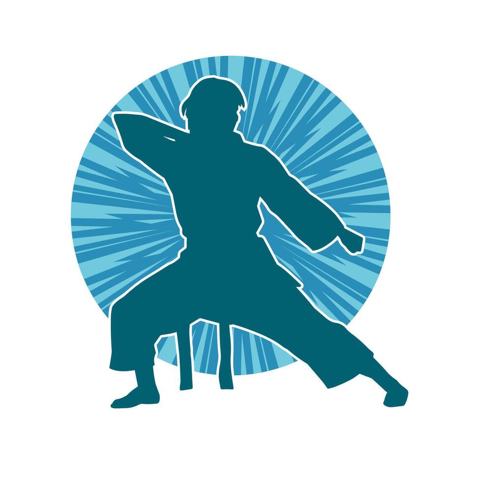 Silhouette of a slim female doing martial art pose. Silhouette of a martial art woman in action pose. vector