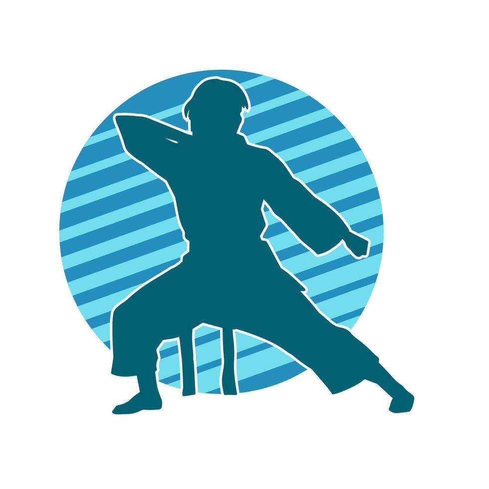 Silhouette of a slim female doing martial art pose. Silhouette of a martial art woman in action pose. vector