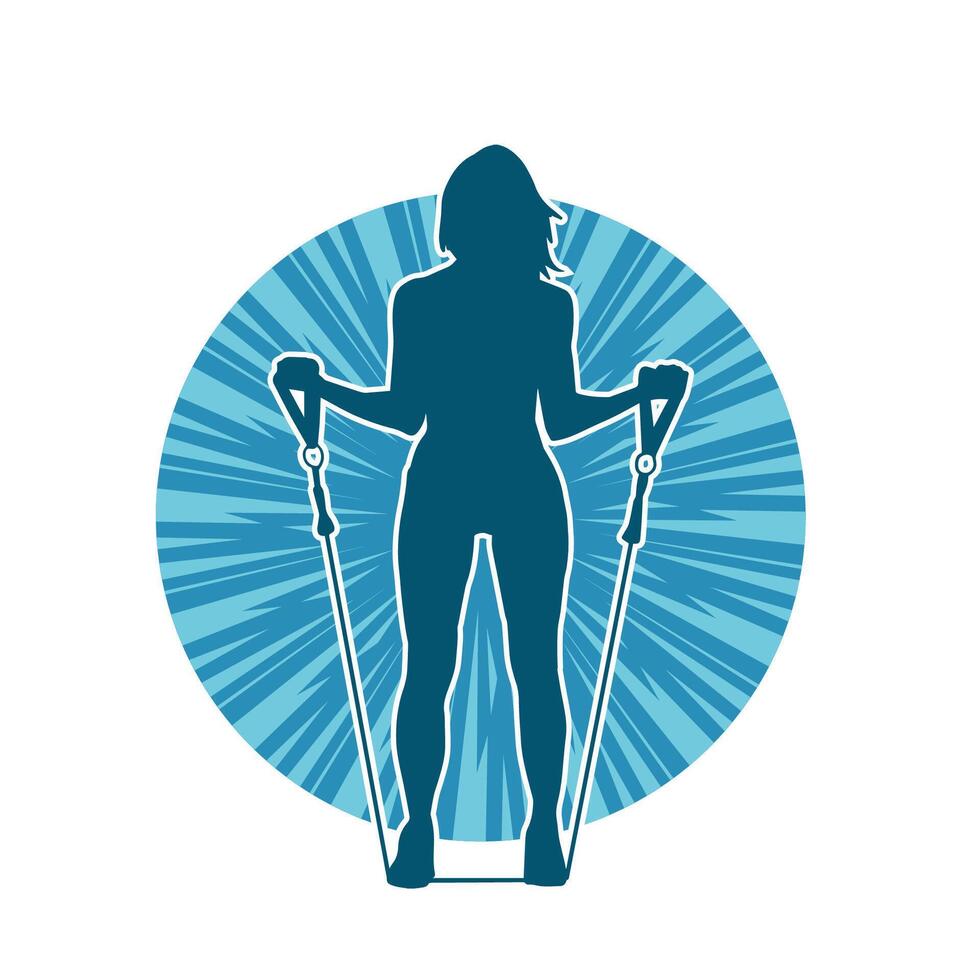 Silhouette of a sporty woman at gym workout using pull rope. Fitness exercise cords pull rope stretch resistance training. vector