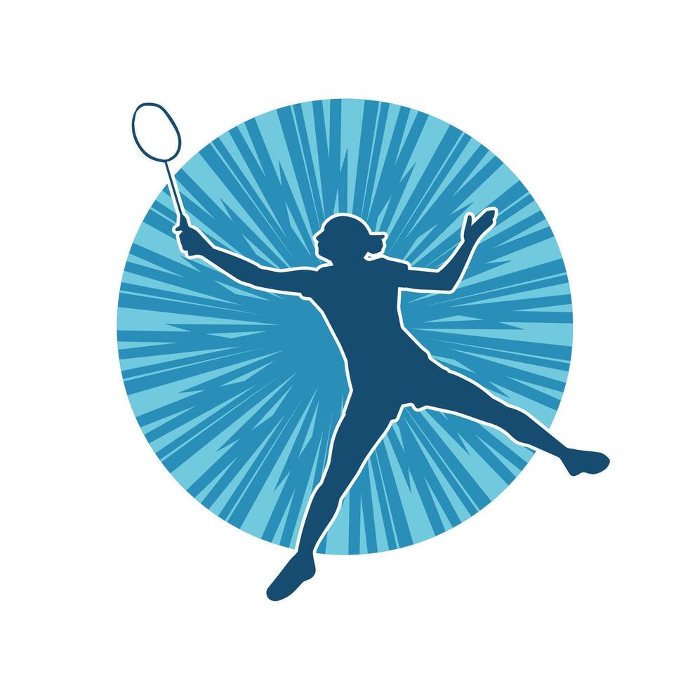 Silhouette of a slim female athlete doing badminton sport. Silhouette of a woman badminton sport player in action pose. vector