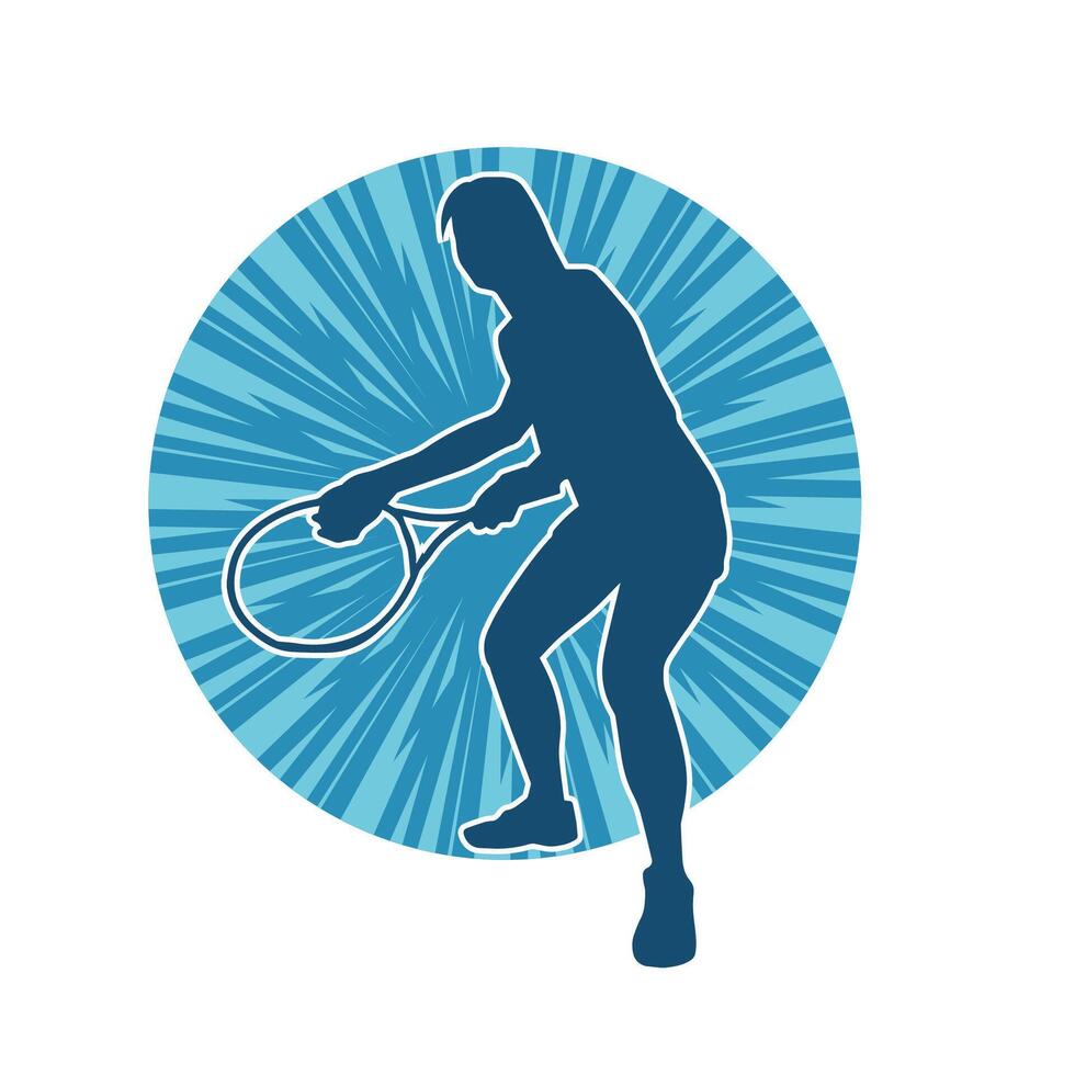 Silhouette of a female tennis player in action pose. Silhouette of a woman playing tennis sport with racket. vector