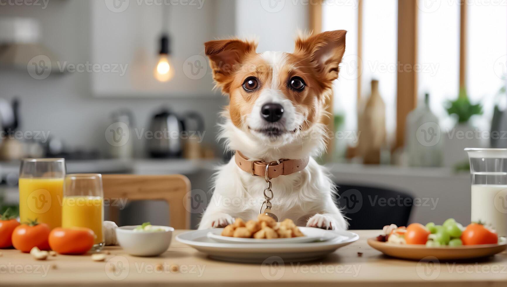 AI generated Cute dog sitting in the kitchen at the table photo