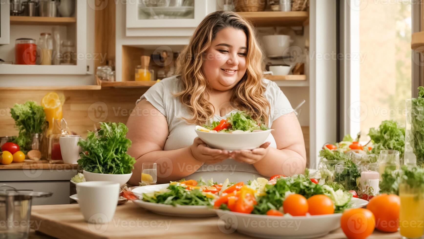 AI generated Very fat woman in the kitchen with vegetables, weight loss concept photo