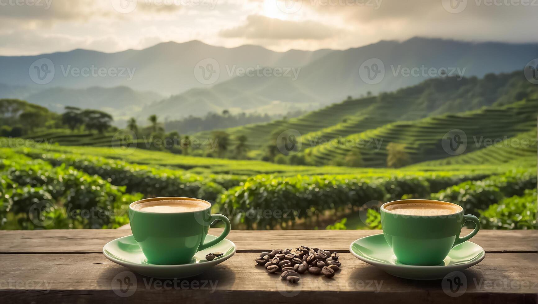AI generated Cup of coffee against the background of a plantation photo