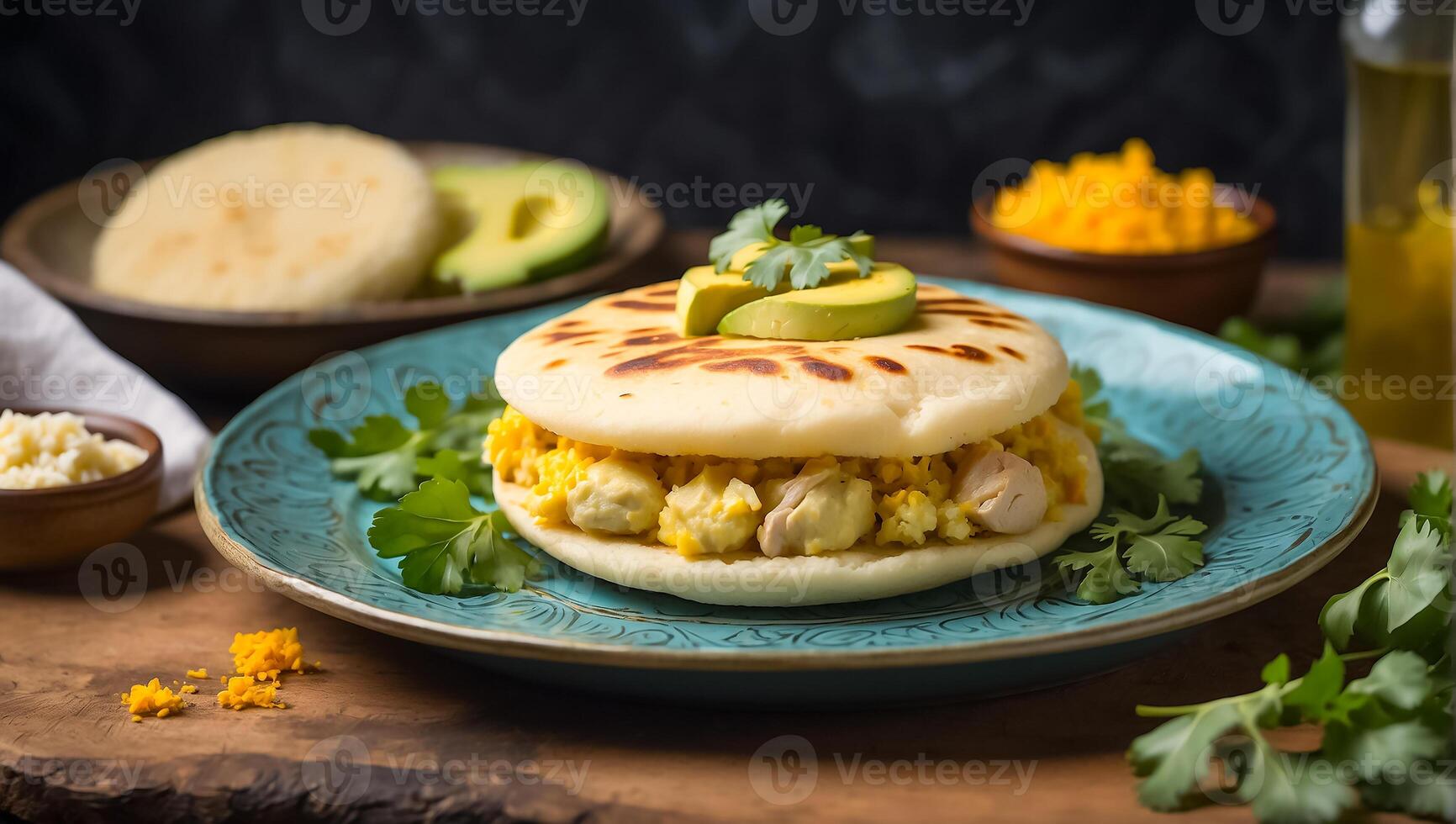 AI generated Delicious arepas, avocados in the kitchen photo