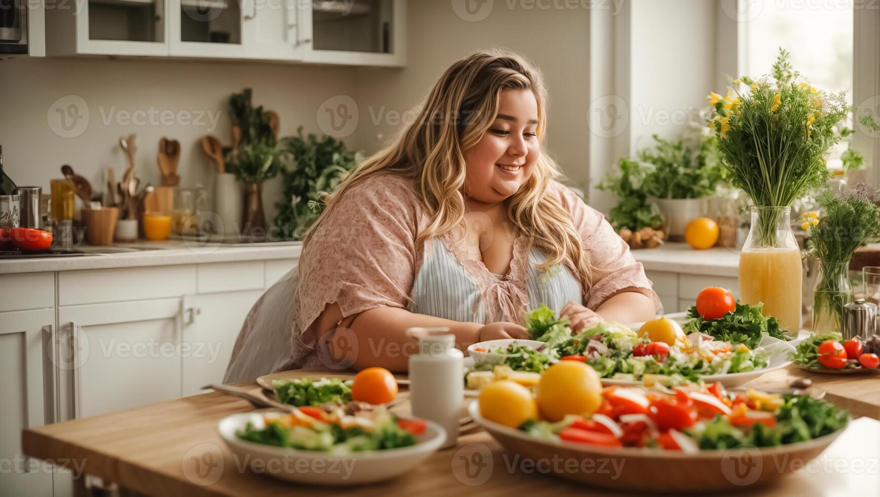 AI generated Very fat woman in the kitchen with vegetables, weight loss concept photo