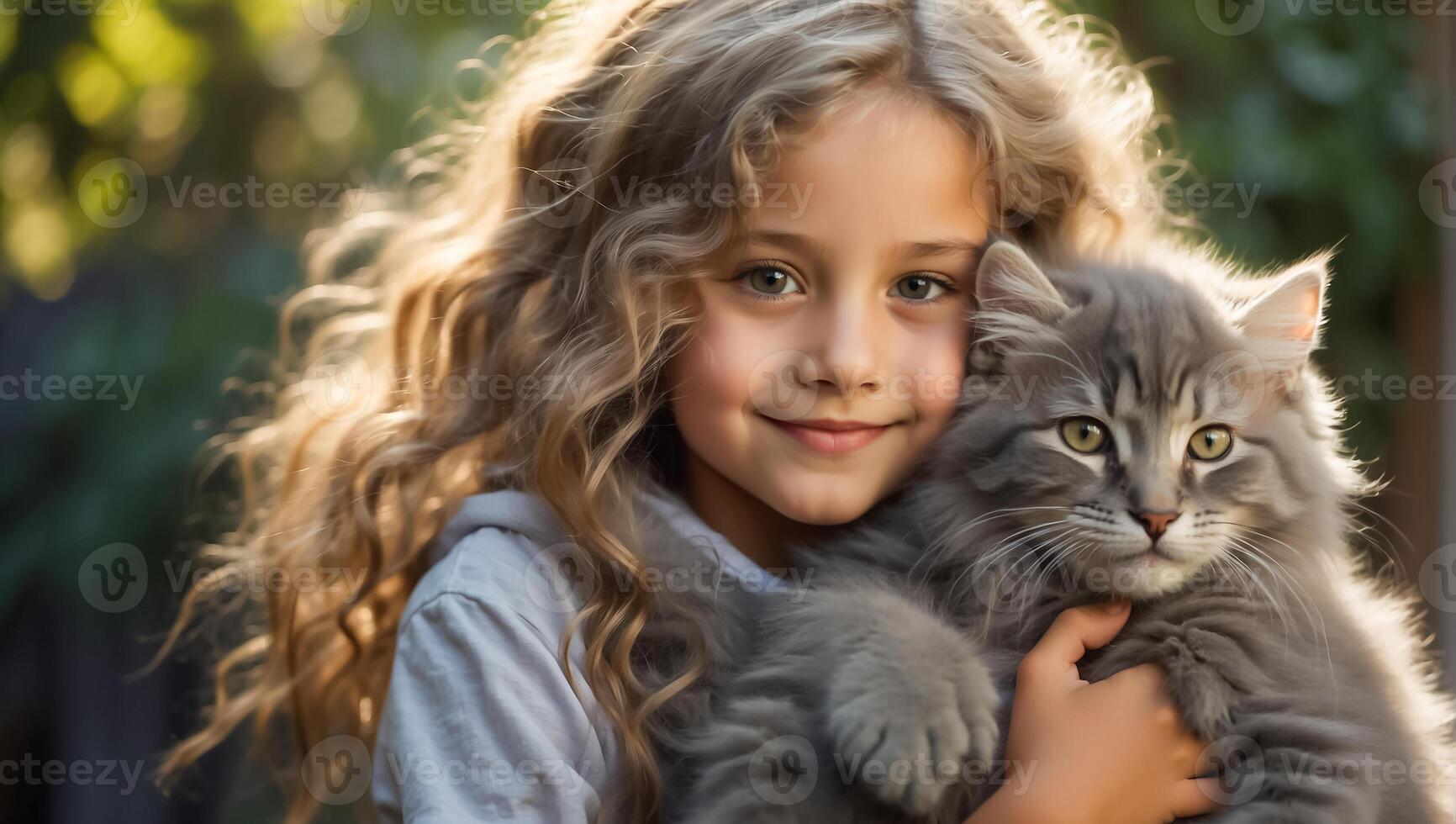 ai generado pequeño niña con linda gato al aire libre retrato foto