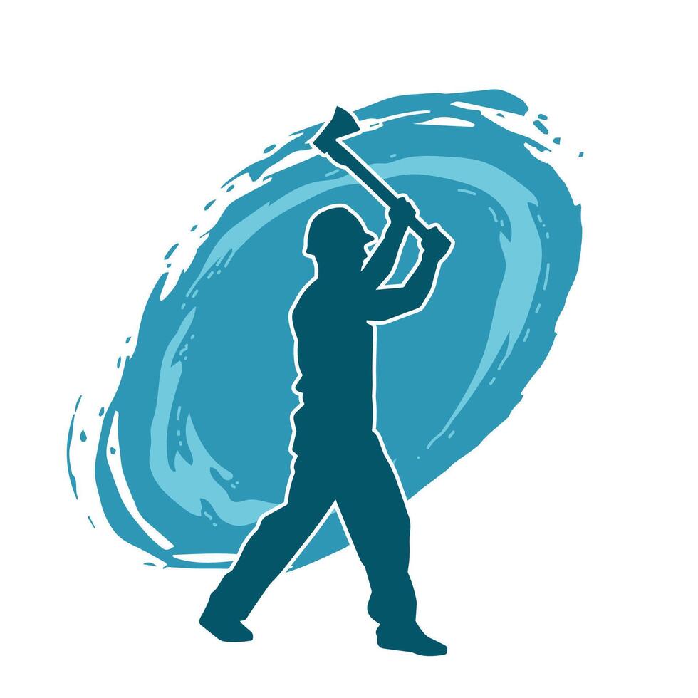 Silhouette of a worker in action pose using his axe tool. vector