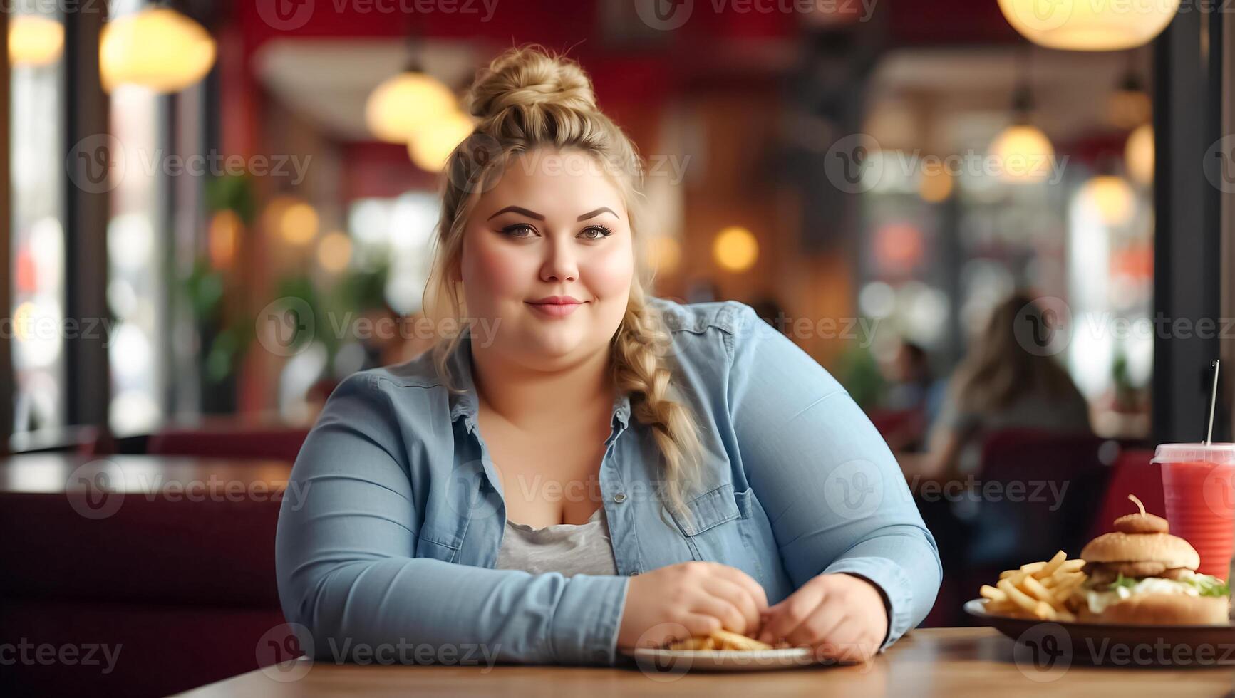 ai generado retrato de un muy grasa mujer en un café foto