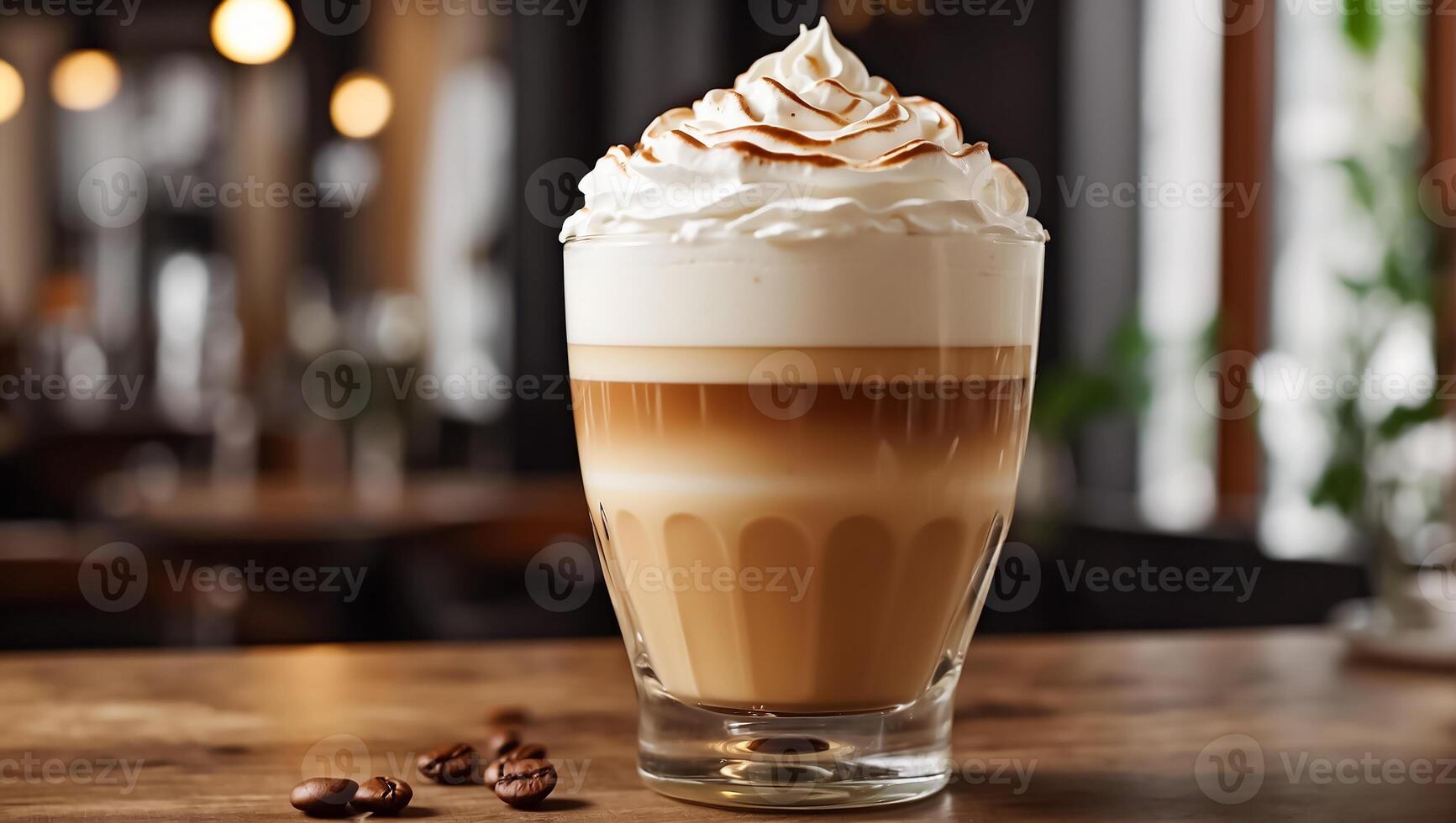 AI generated Beautiful latte coffee with whipped cream in a glass in a cafe photo