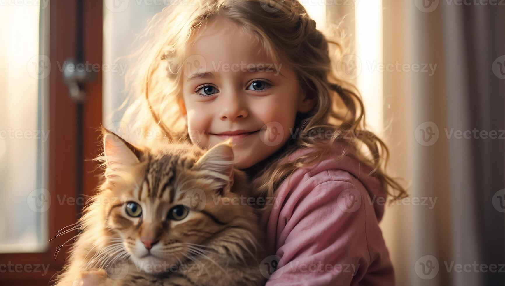 AI generated Little girl with cute cat at home portrait photo