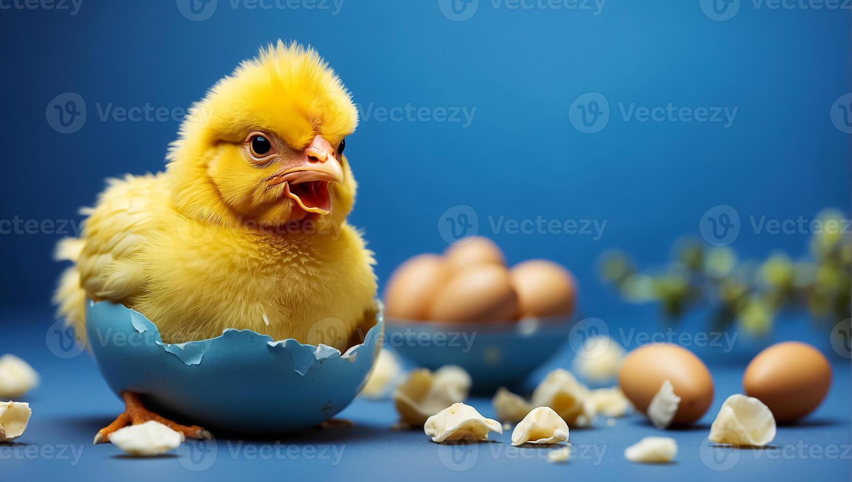 AI generated Cute fluffy shell chicken on color background photo