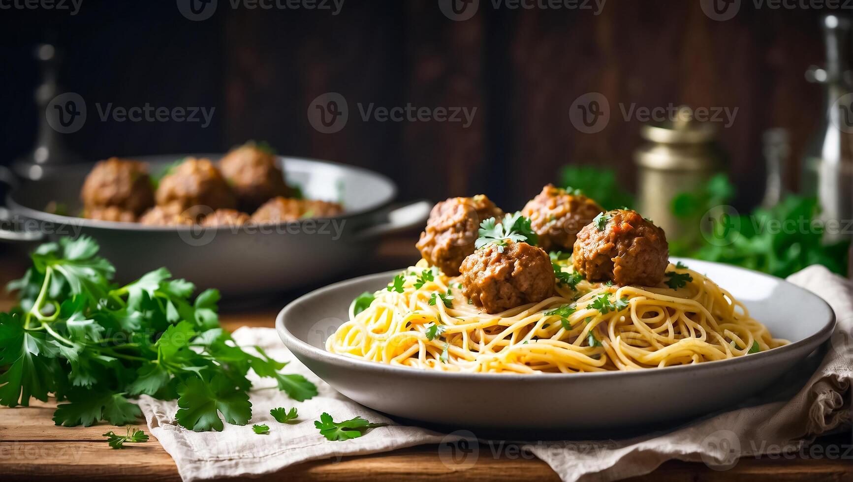 AI generated Delicious appetizing meatballs with spaghetti in the kitchen photo