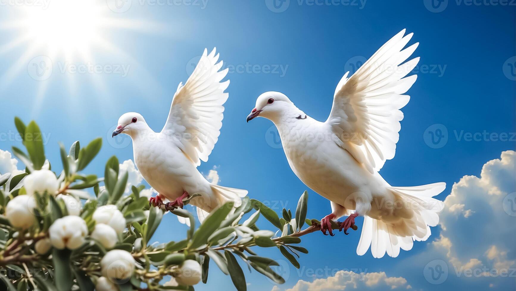 AI generated White dove against the sky with clouds, branch photo