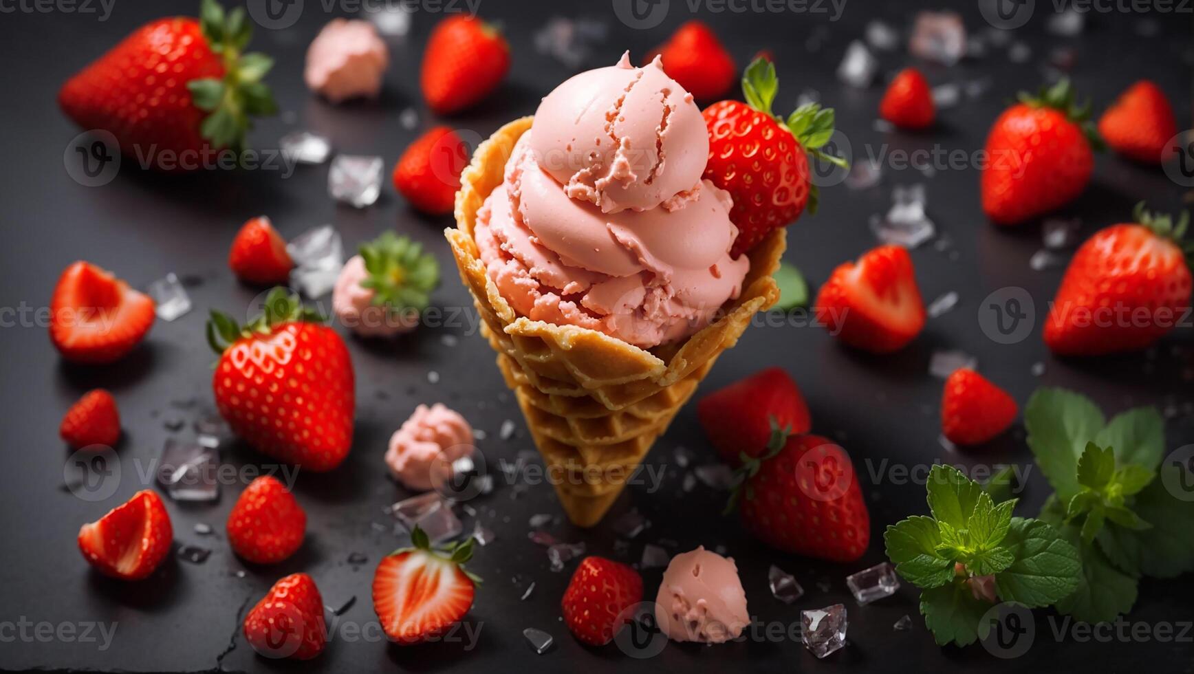 AI generated Ice cream with strawberries photo