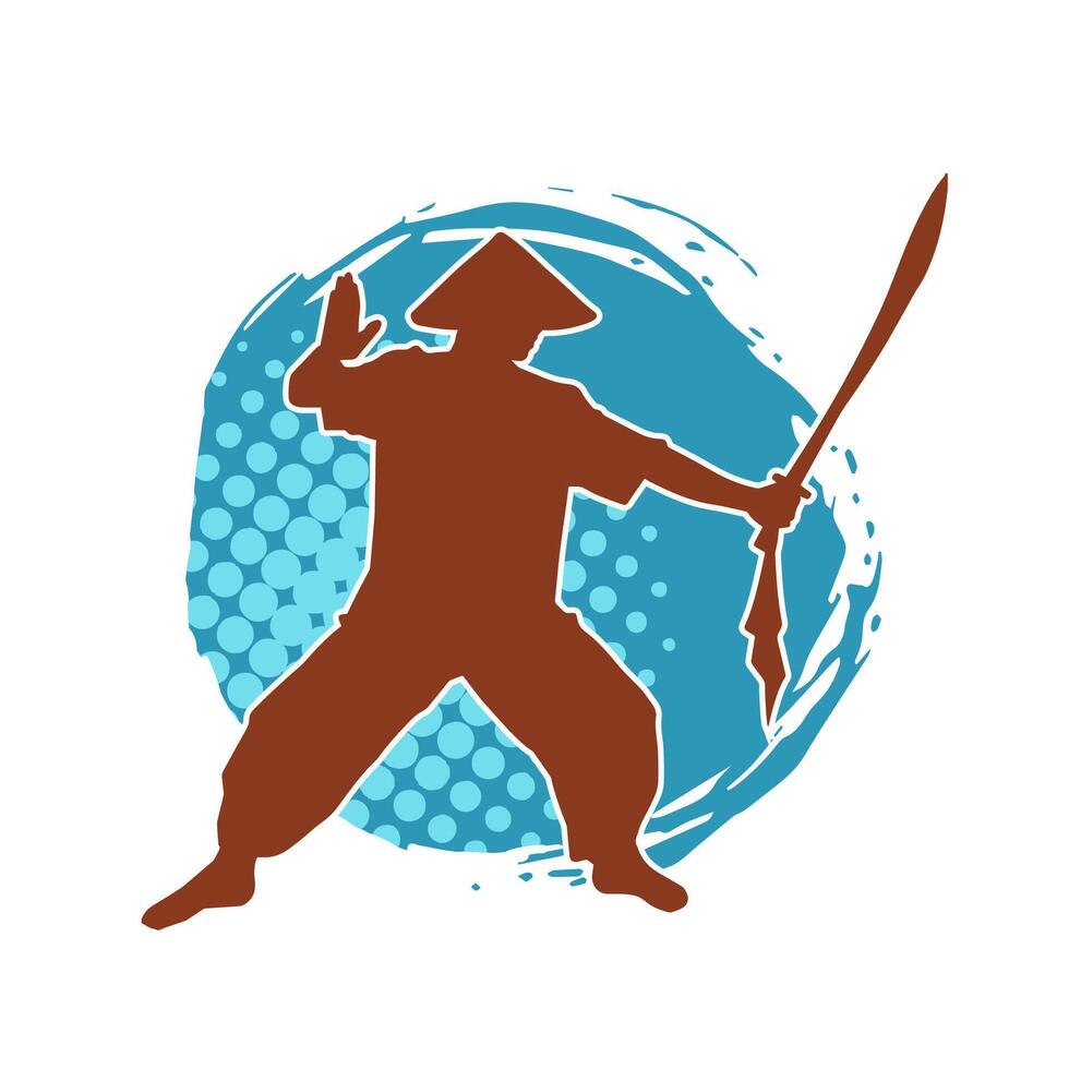 Silhouette of a male fighter in martial art costume carrying samurai sword weapon. vector