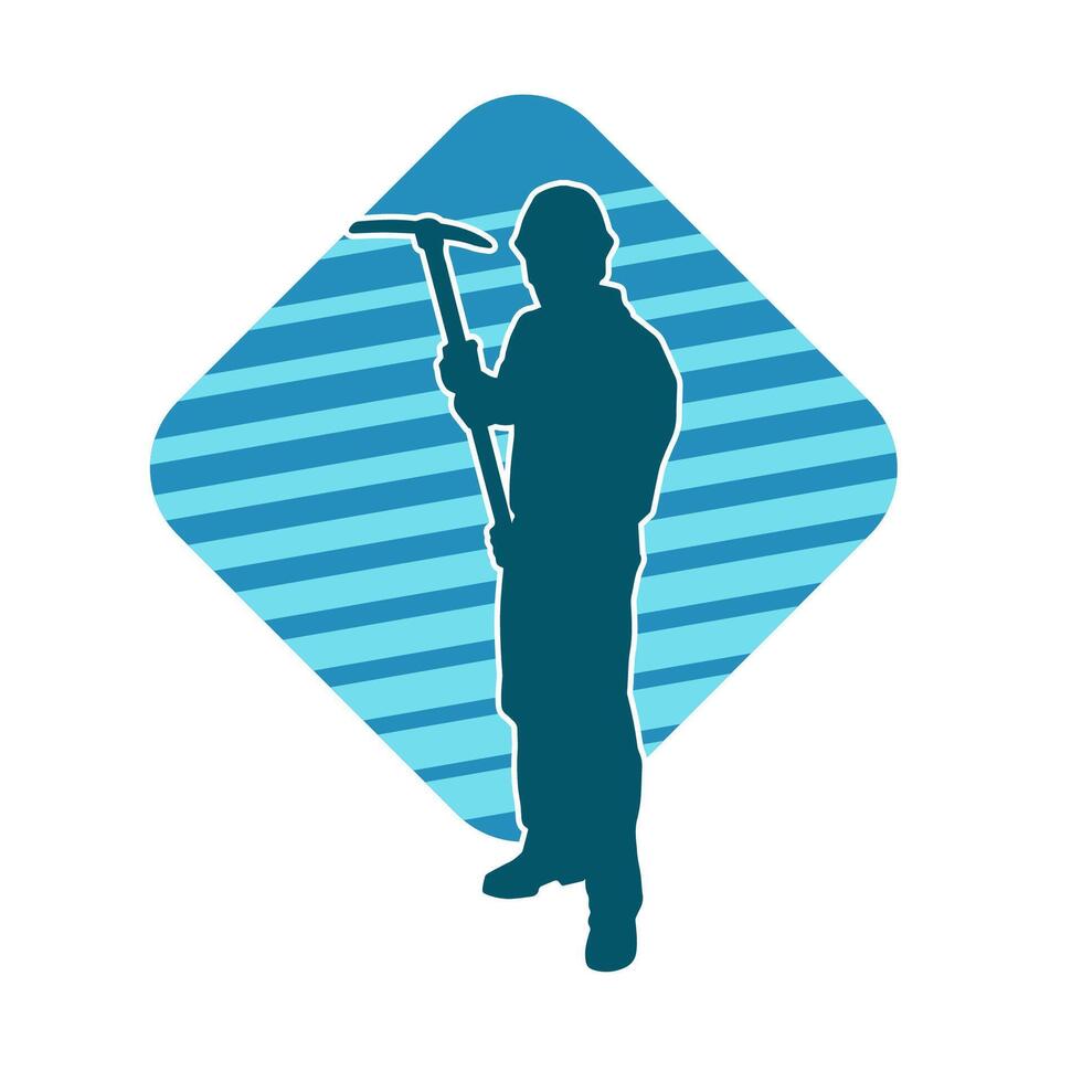 Silhouette of a man in worker costume carrying pick axe tool in action pose. Silhouette of a miner in action pose with pick axe tool. vector