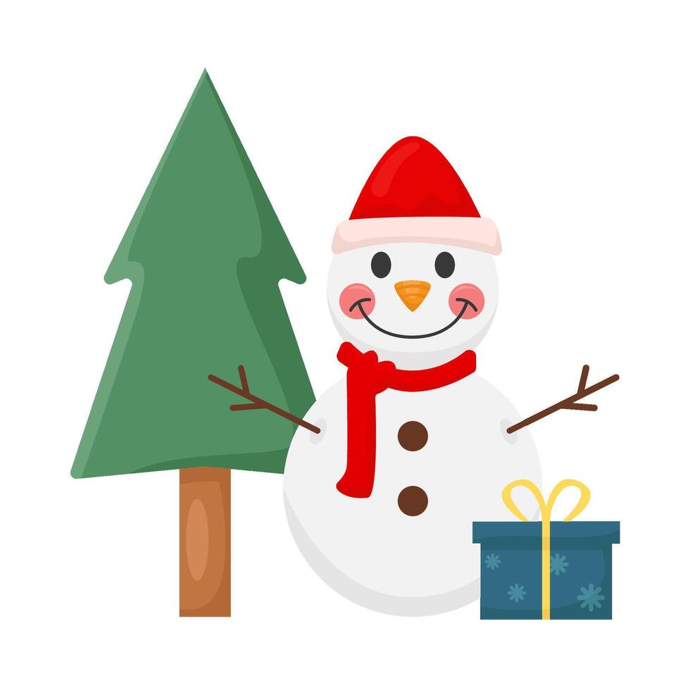 snowman, gift box with tree spruce illustration vector