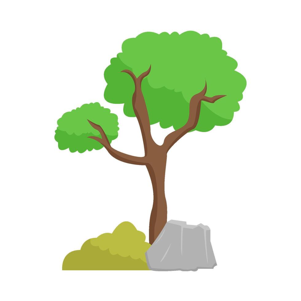tree, grass with stone illustration vector