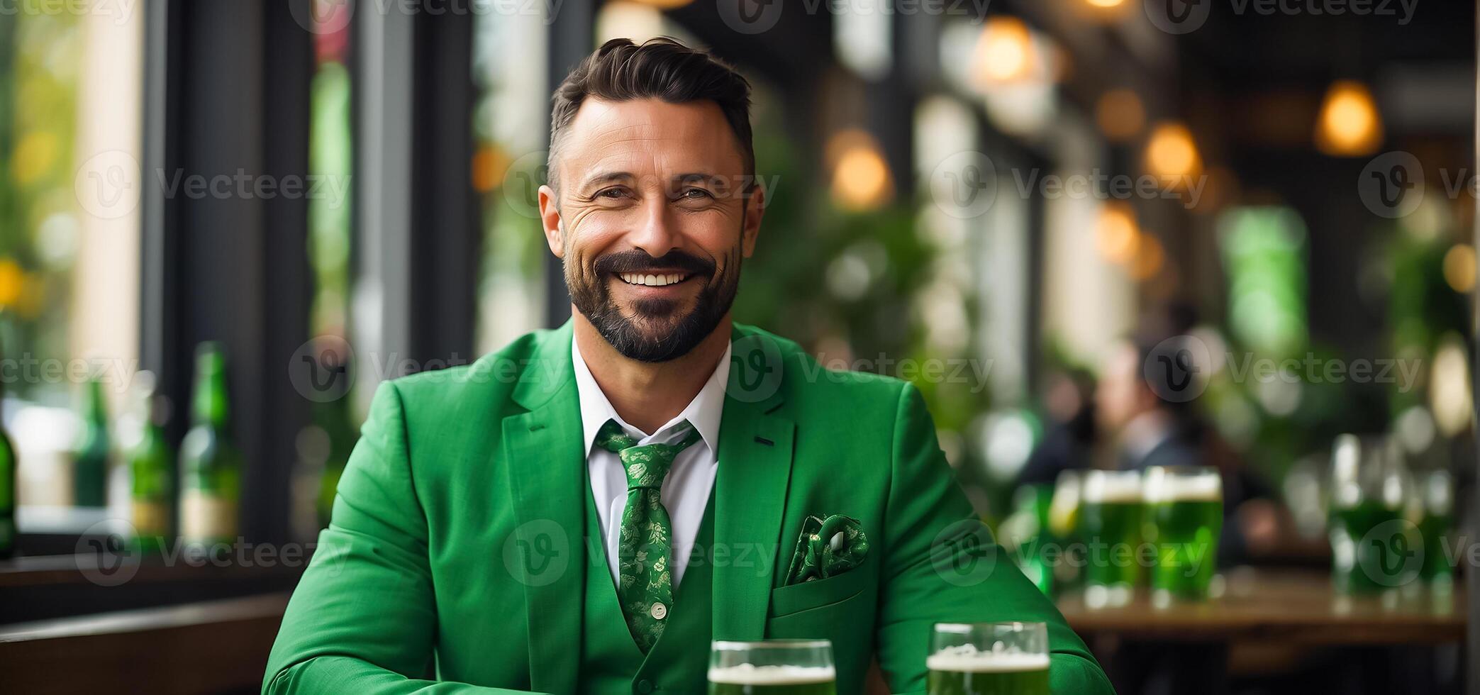 AI generated Man with Glass of Green Beer at Bar photo