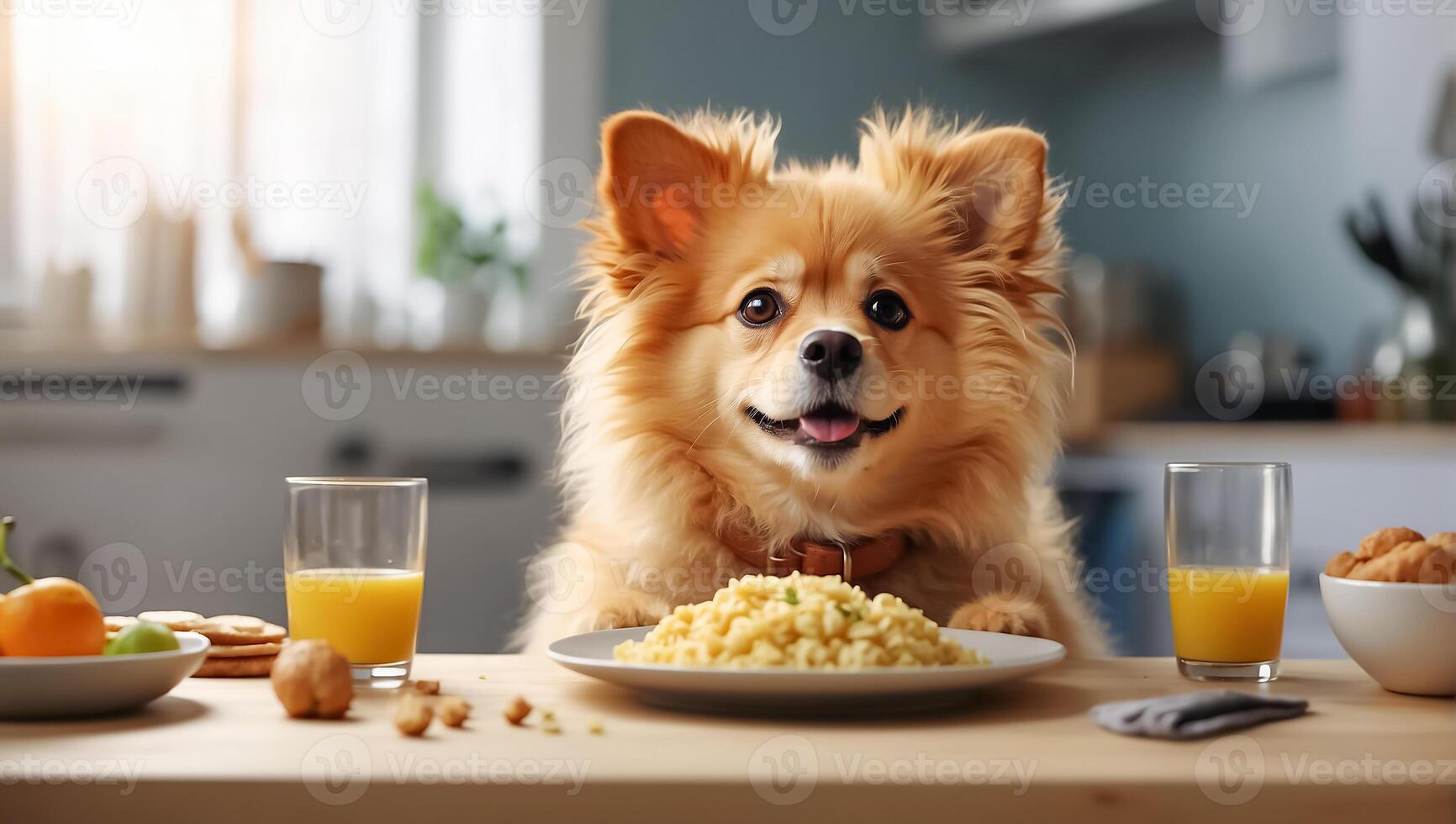 ai generado linda perro sentado en el cocina a el mesa foto