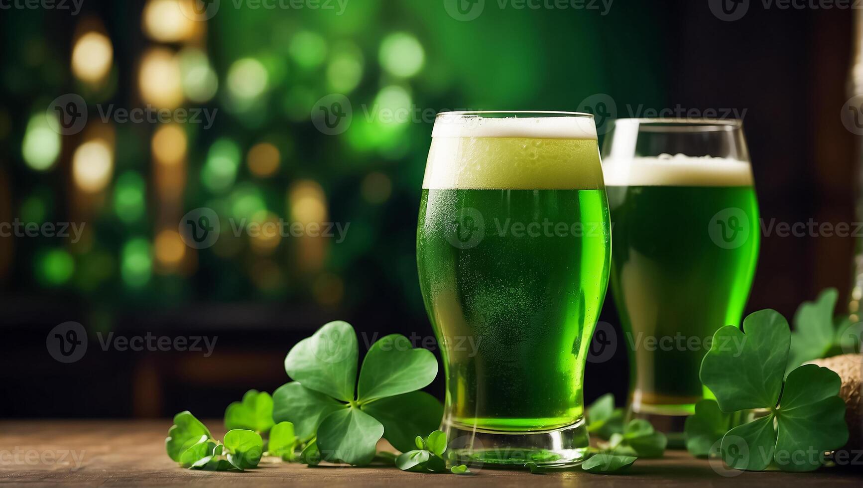 AI generated Glasses with green beer, clover leaves background photo